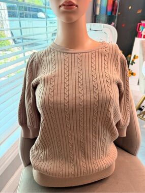 Tahari Cable-Knit Short Sleeve Sweater — Tan